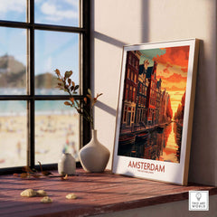 Amsterdam at sunset wall art with bike, showcasing vibrant canal scene in a modern style.
