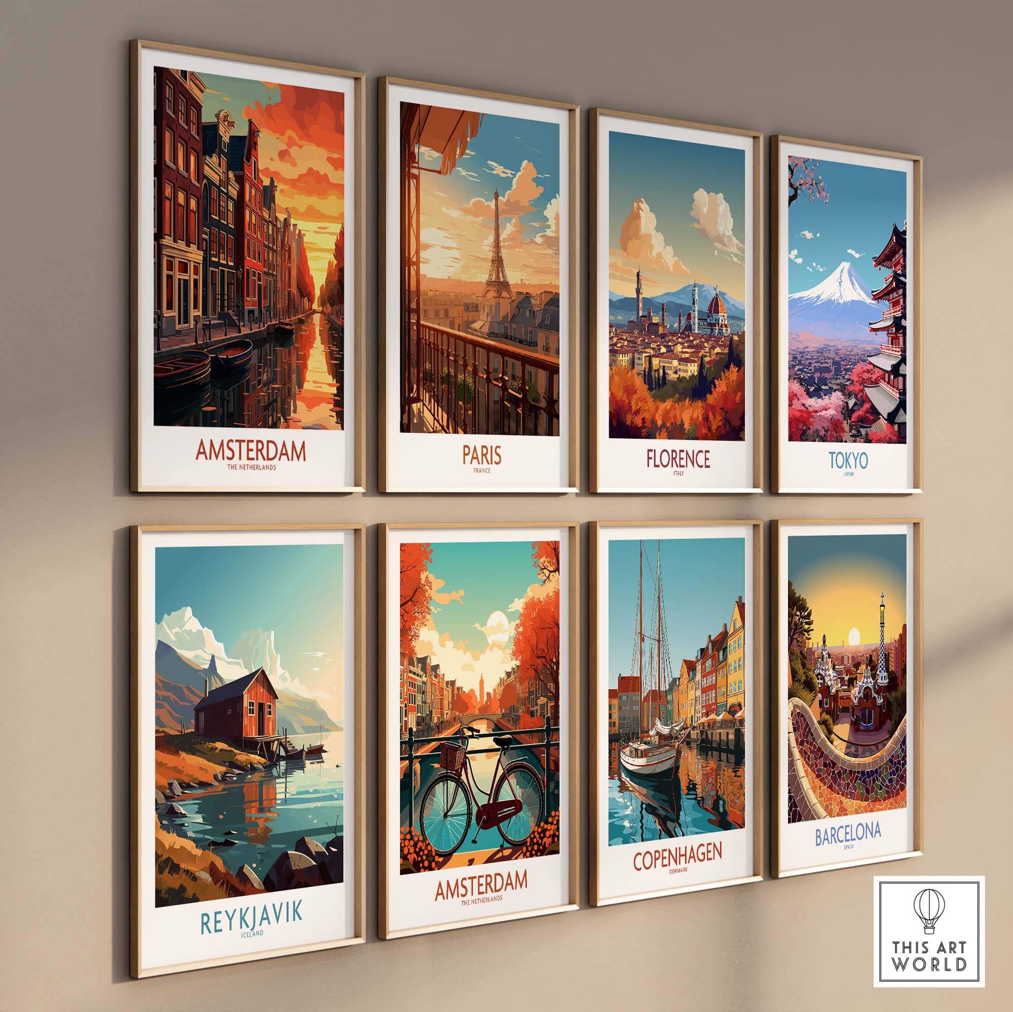 Amsterdam at sunset wall art featuring a canal and bike, part of a modern cityscape collection.
