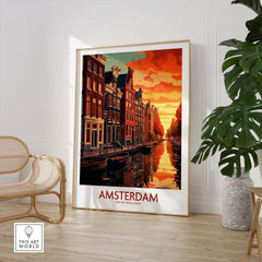 Amsterdam at sunset wall art featuring canals and bikes, modern style art print for home decor.