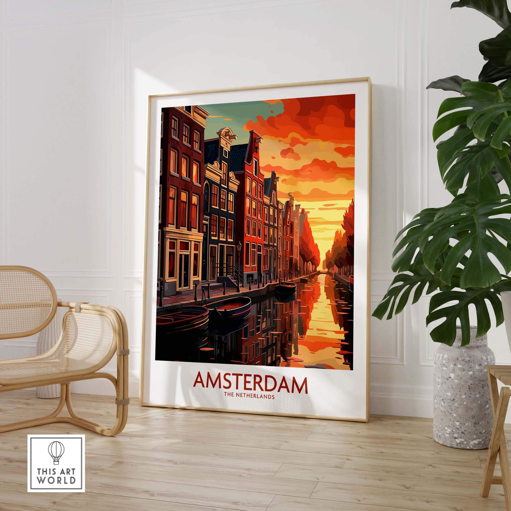 Amsterdam at sunset wall art featuring canals and bikes, modern style art print for home decor.