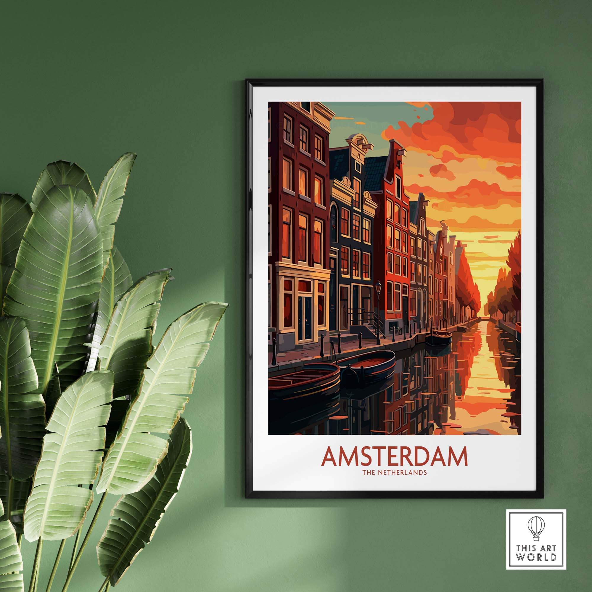 Amsterdam at sunset wall art featuring canals and bikes, modern Netherlands art print for home decor.