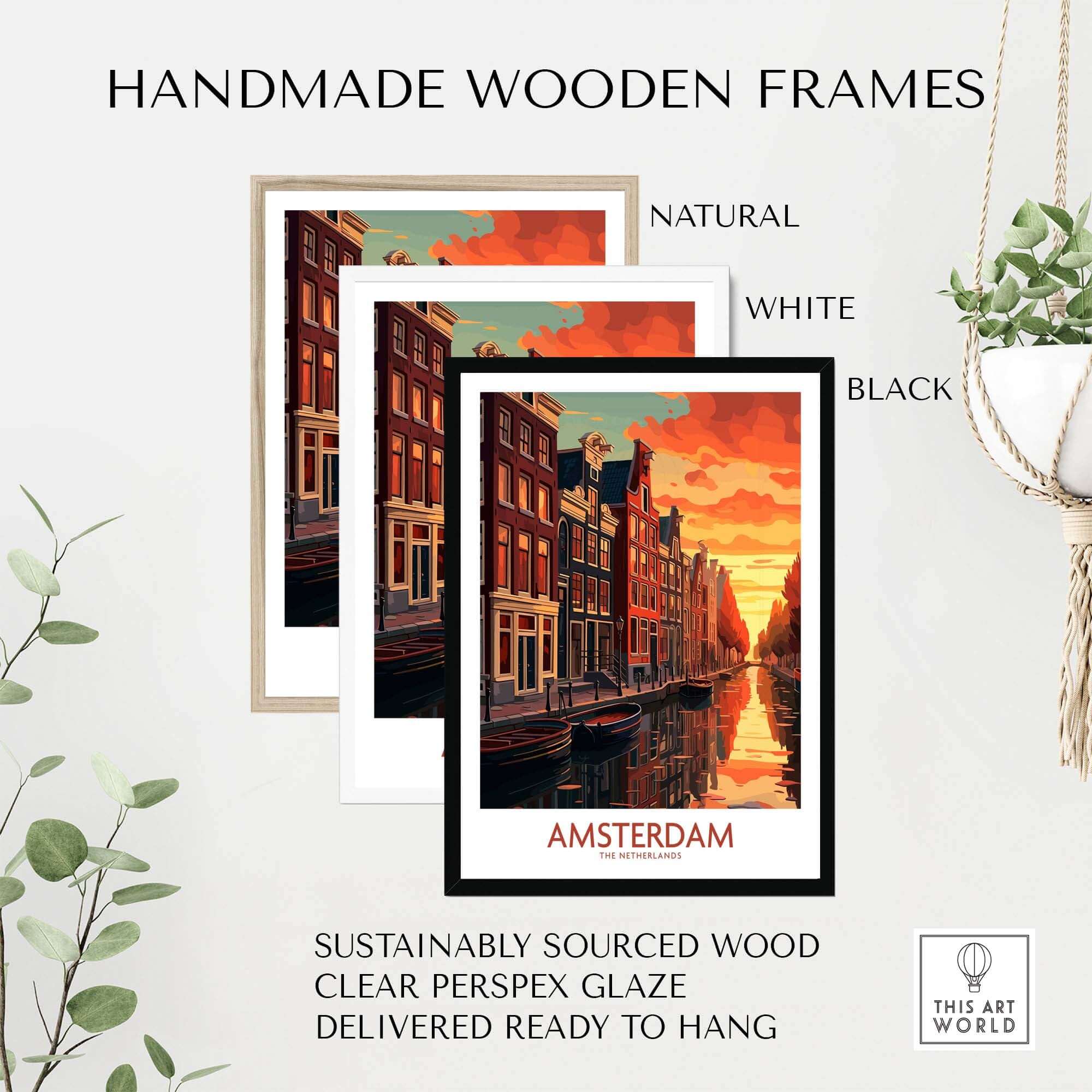 Handmade wooden frames for Amsterdam wall art in natural, white, and black styles, ready to hang.