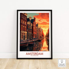 Amsterdam at sunset wall art featuring canals and bikes, modern style art print for home decor.