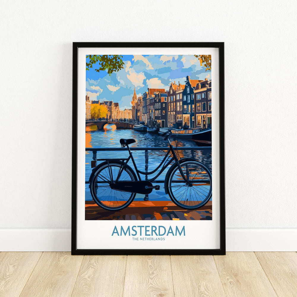 Amsterdam poster print featuring a bicycle by the canals, showcasing vibrant colors and iconic canal houses.