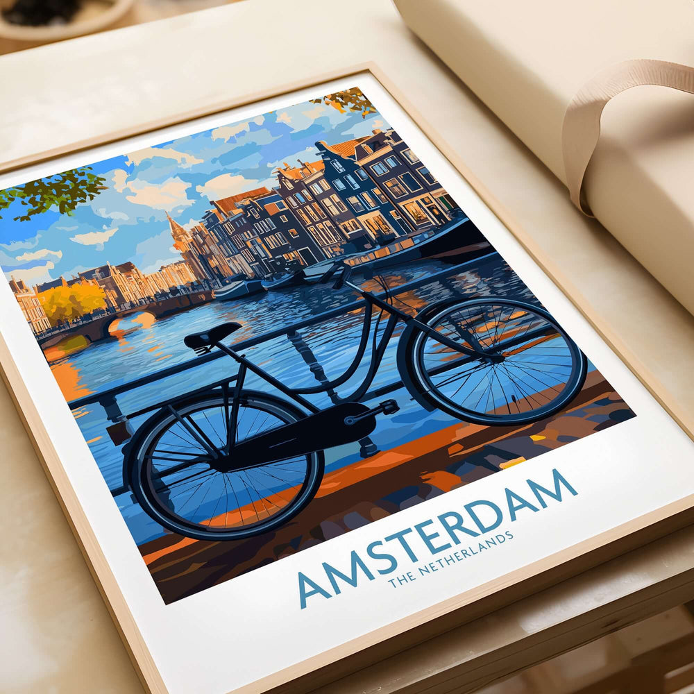Amsterdam in Full Color - Canal Houses and Canals Poster Print for Home Decor featuring a bike by the canal.