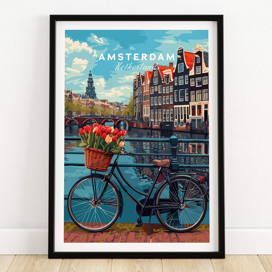 Poster of Amsterdam featuring a bike with tulips along a scenic canal in the city.