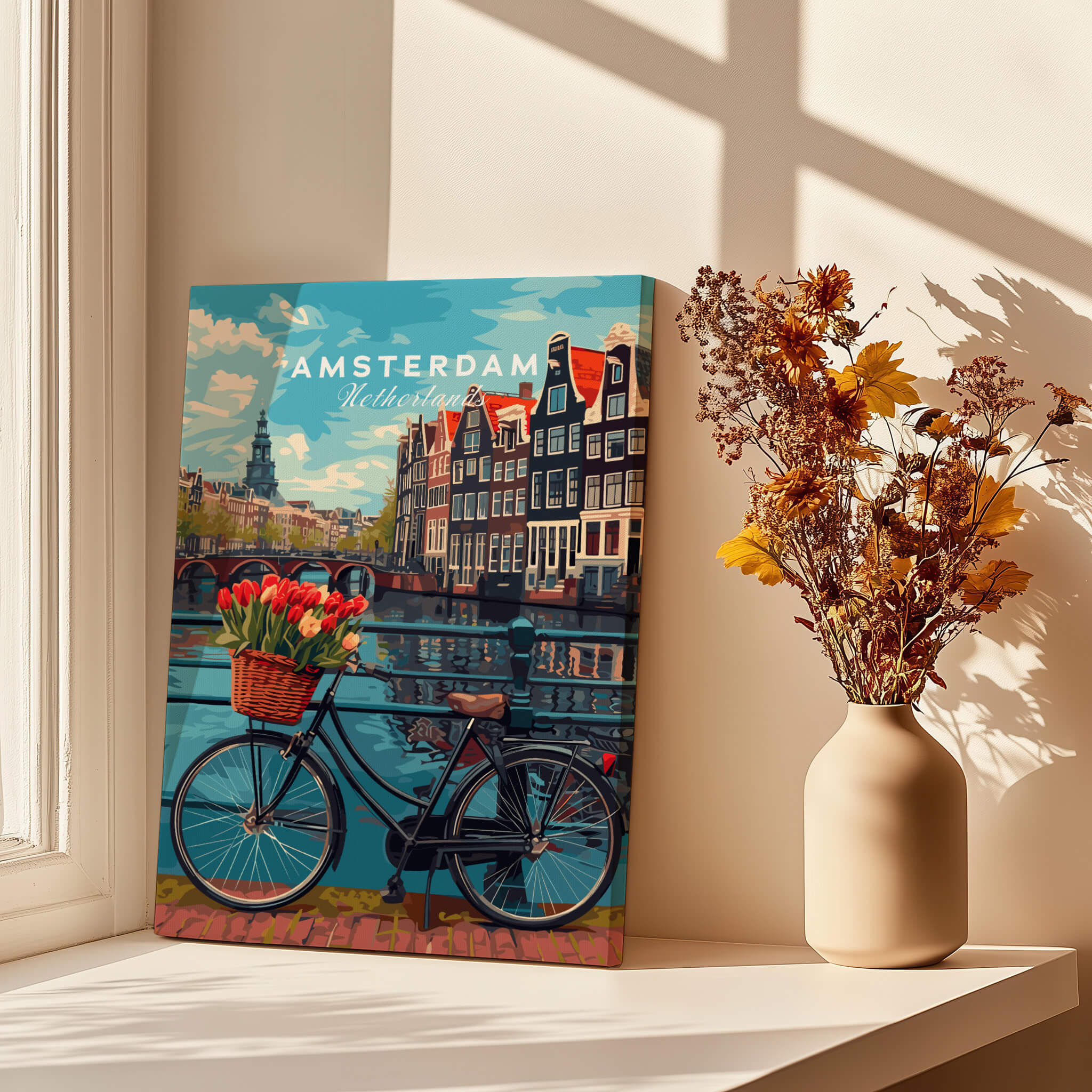 Poster of Amsterdam featuring a bike with tulips by a canal in a vibrant setting.