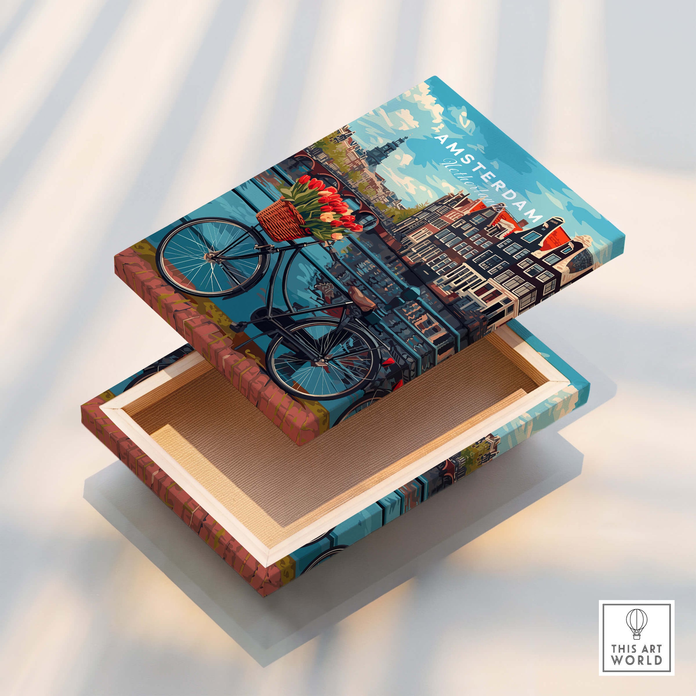 Poster of Amsterdam design featuring a scenic view with bikes and tulips in a decorative wooden box.