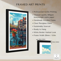 Poster of Amsterdam showcasing a bike and tulips, framed art print with vibrant colors and details.
