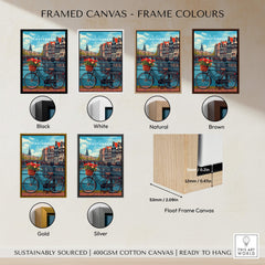 Framed Poster of Amsterdam showcasing different frame colors: Black, White, Natural, Brown, Gold, Silver.