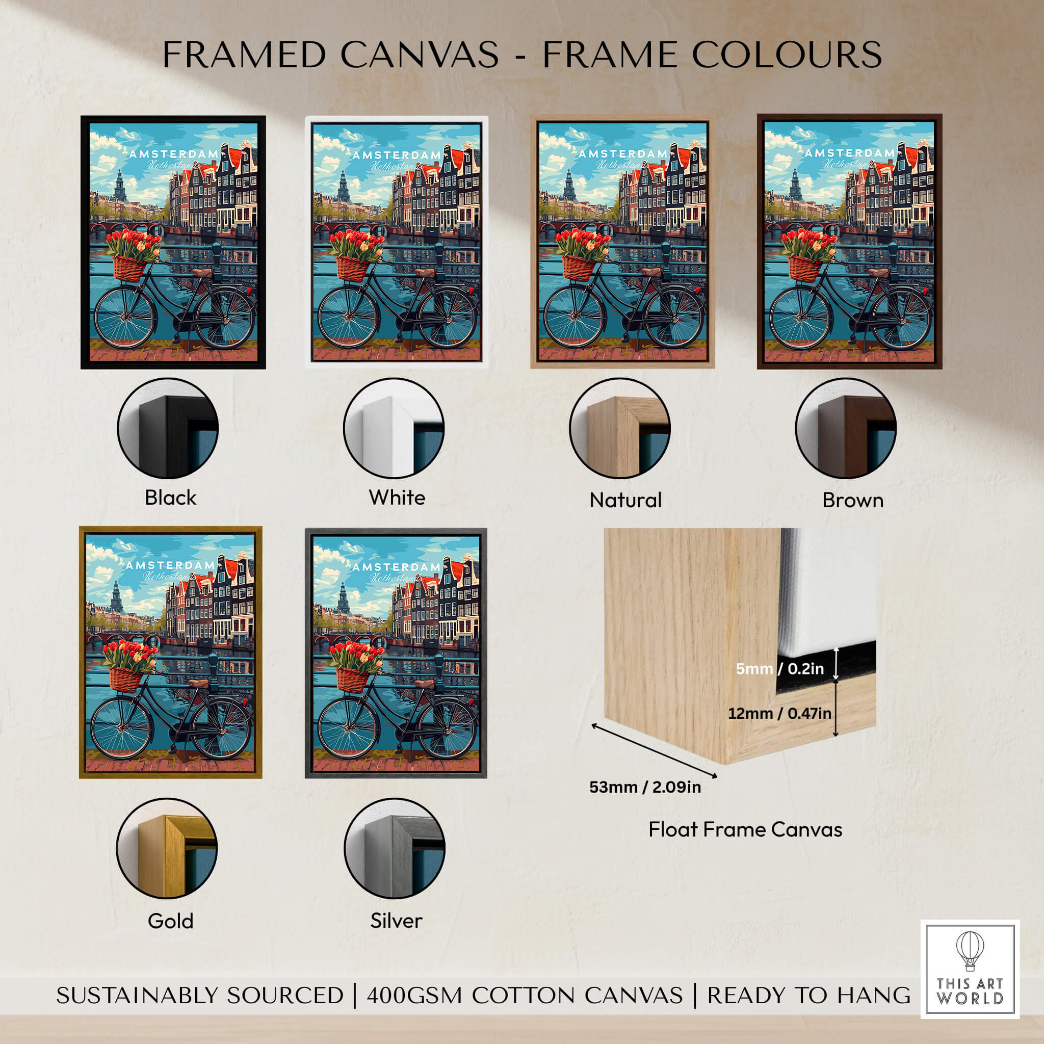 Framed Poster of Amsterdam showcasing different frame colors: Black, White, Natural, Brown, Gold, Silver.