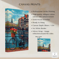 Poster of Amsterdam featuring picturesque canals, bikes, and tulips, perfect for home decor.