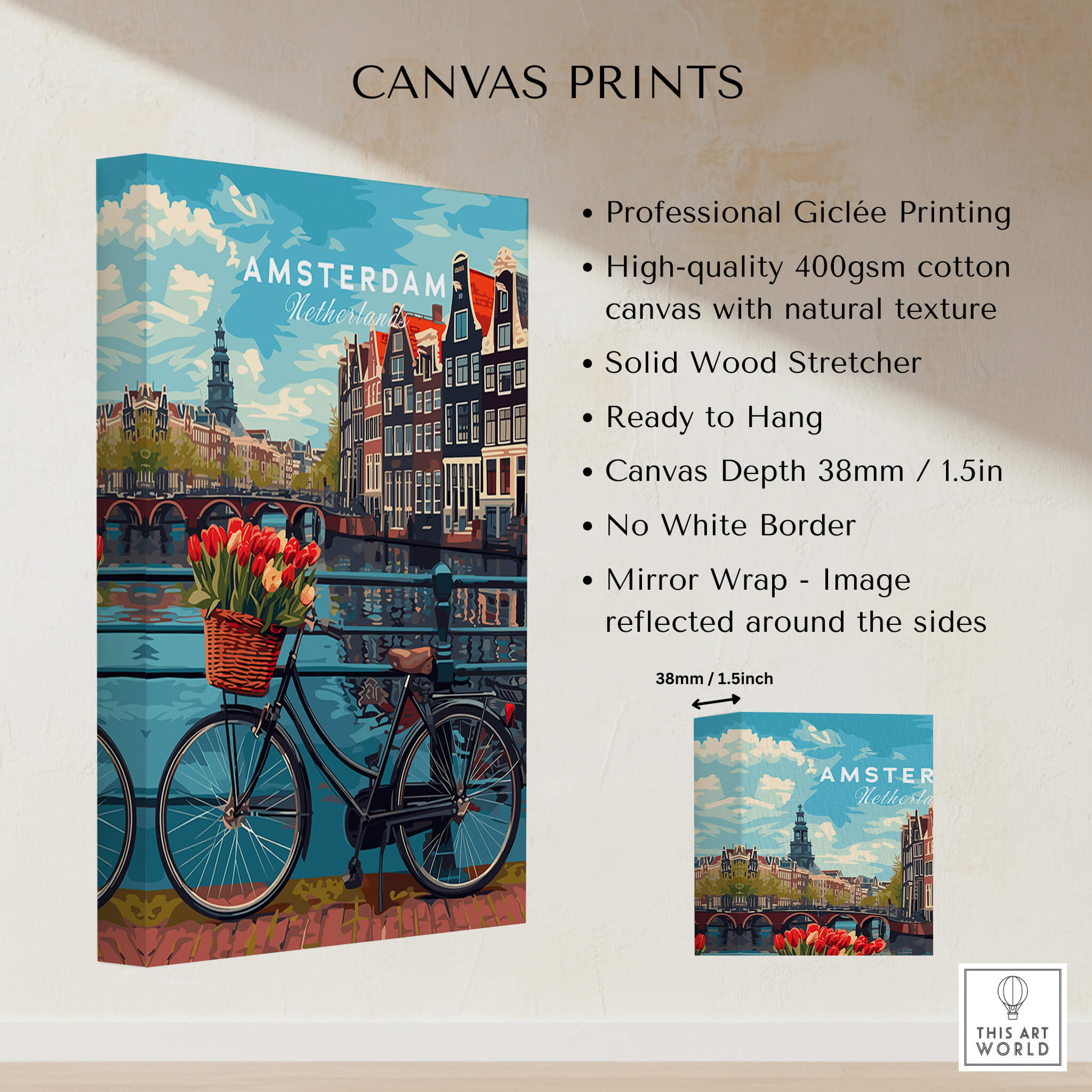Poster of Amsterdam featuring picturesque canals, bikes, and tulips, perfect for home decor.