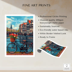 Poster of Amsterdam featuring a bike and tulips against a scenic canal background, perfect for home decor.