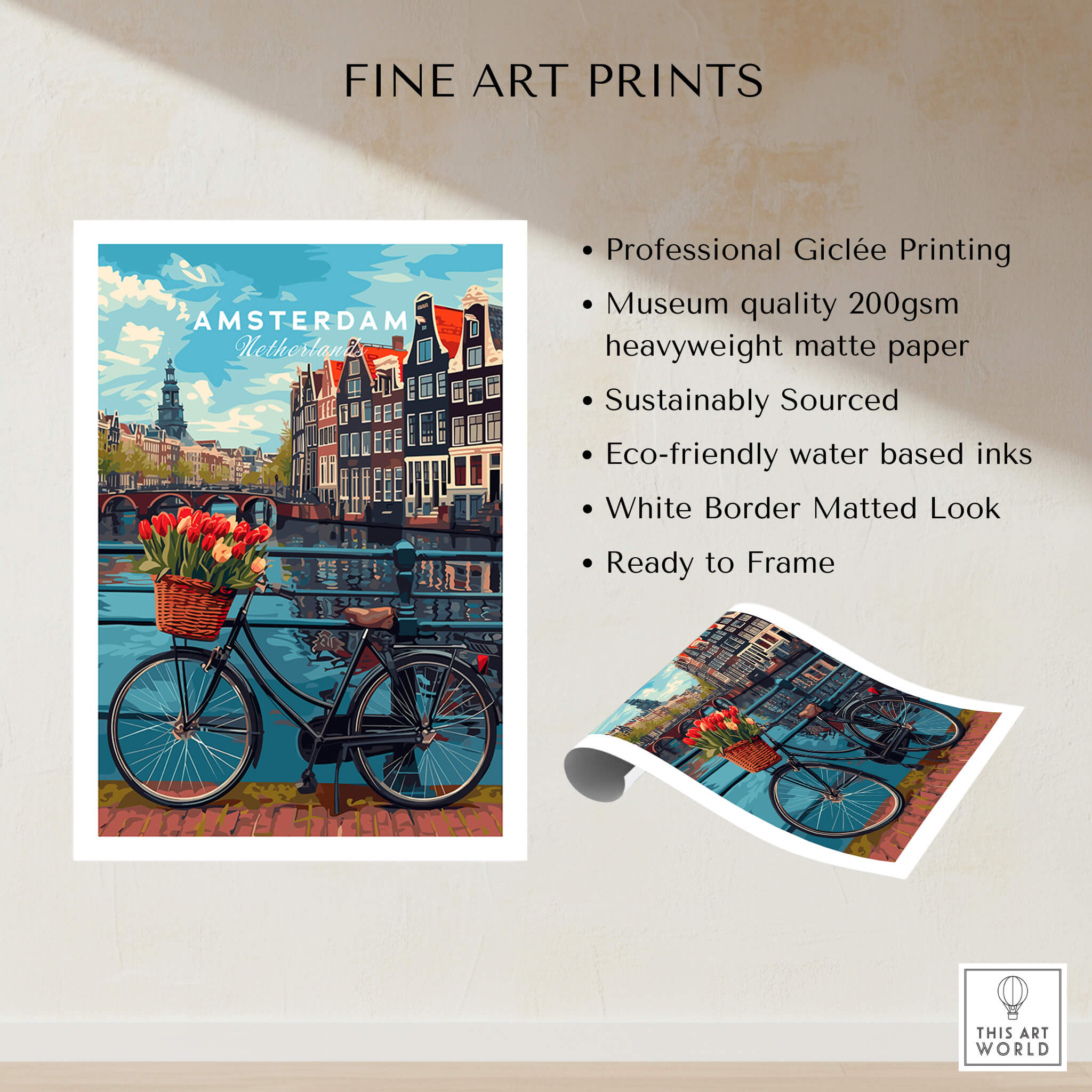 Poster of Amsterdam featuring a bike and tulips against a scenic canal background, perfect for home decor.