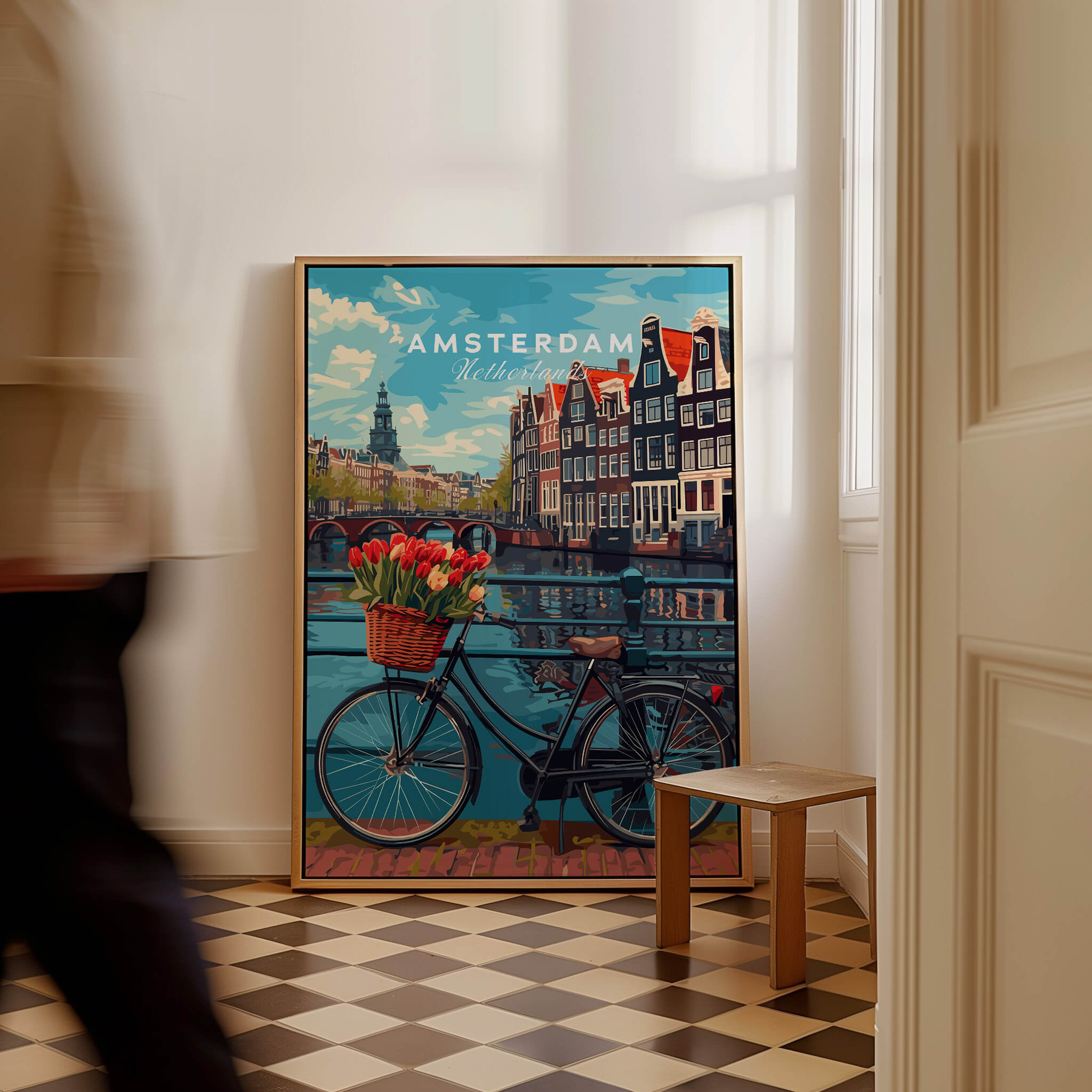 Poster of Amsterdam featuring a scenic view with bikes and tulips in a stylish interior.