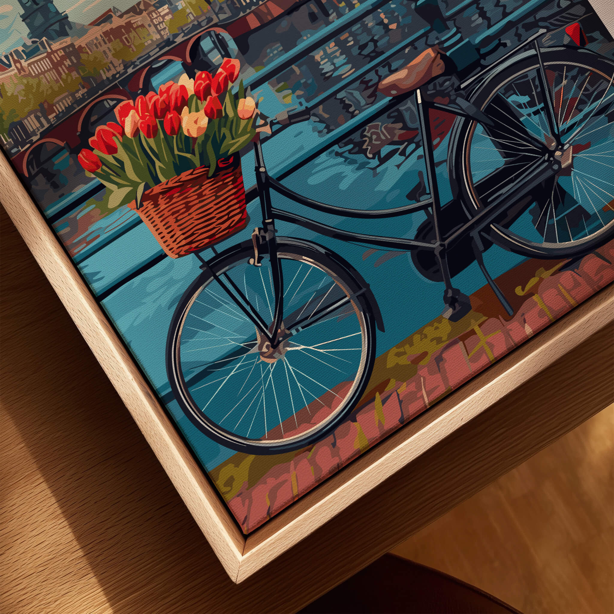 Poster of Amsterdam featuring a bike with tulips beside a canal.
