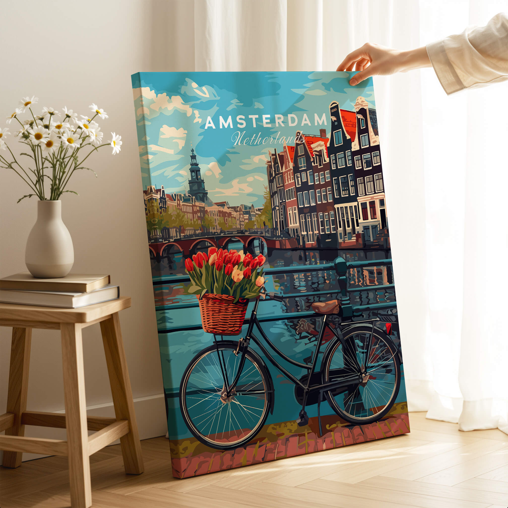 Poster of Amsterdam featuring a bike with tulips by the canal, capturing the charm of the Netherlands.