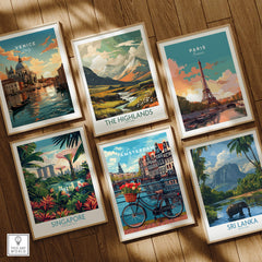Poster of Amsterdam along with other iconic city posters in a stylish display.