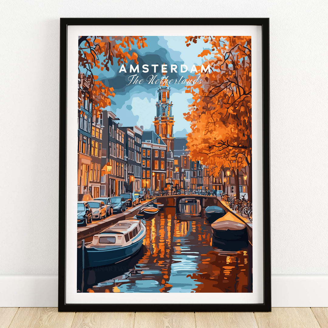 Amsterdam Canal Print - Urban Landscape Wall Decor featuring vibrant canals and autumn colors.