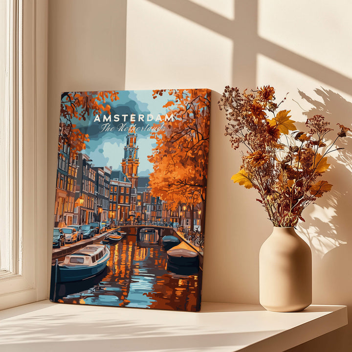 Amsterdam Canal Print - Urban Landscape Wall Decor showcasing a vibrant scene of Amsterdam's canals and autumn colors.