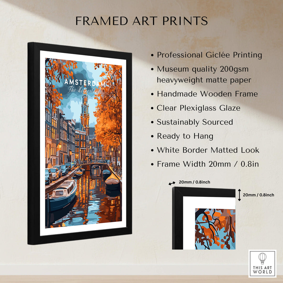 Amsterdam Canal Print - Urban Landscape Wall Decor featured in framed art print presentation