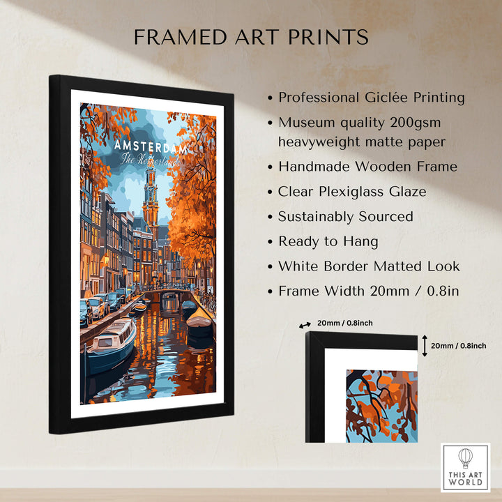 Amsterdam Canal Print - Urban Landscape Wall Decor featured in framed art print presentation