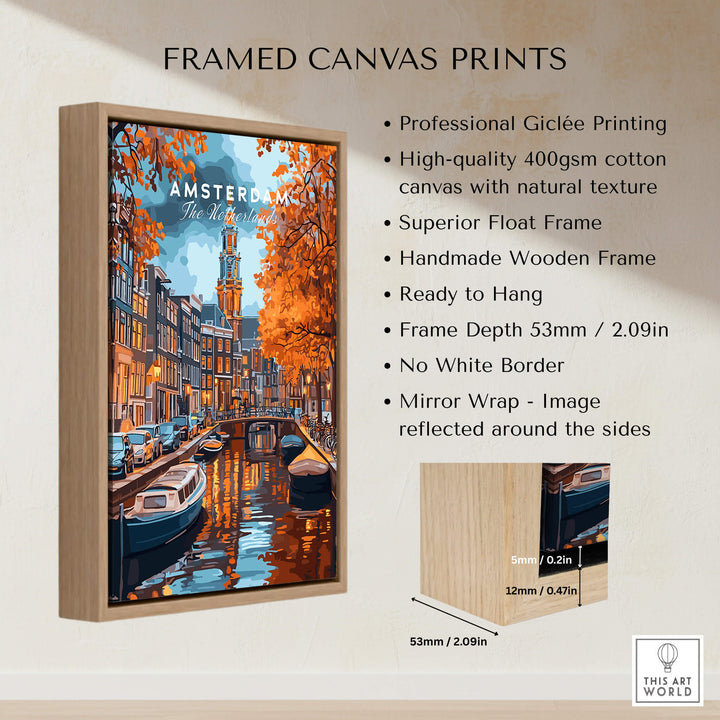 Amsterdam Canal Print - Urban Landscape Wall Decor showcasing vibrant autumn colors and canal reflections.