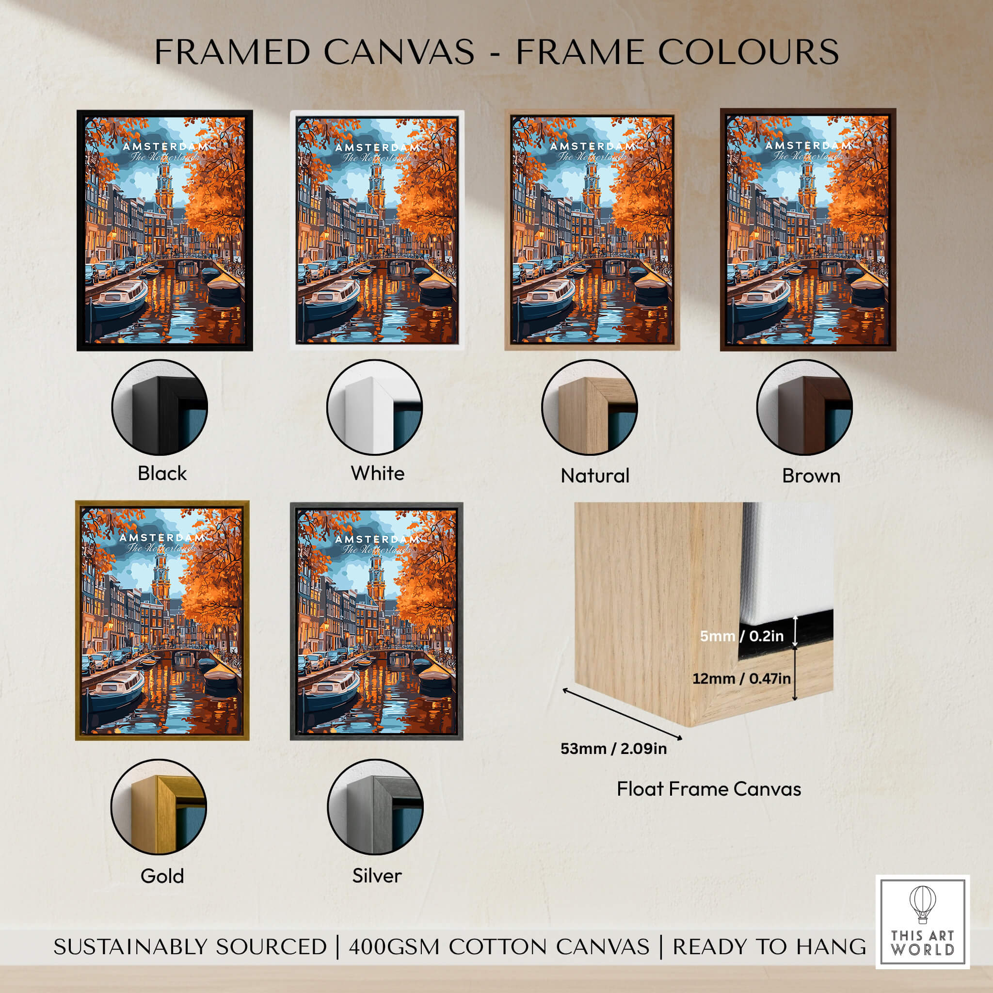 Amsterdam Canal Print - Urban Landscape Wall Decor framed canvas options in various colors including black, white, natural, brown, gold, and silver.