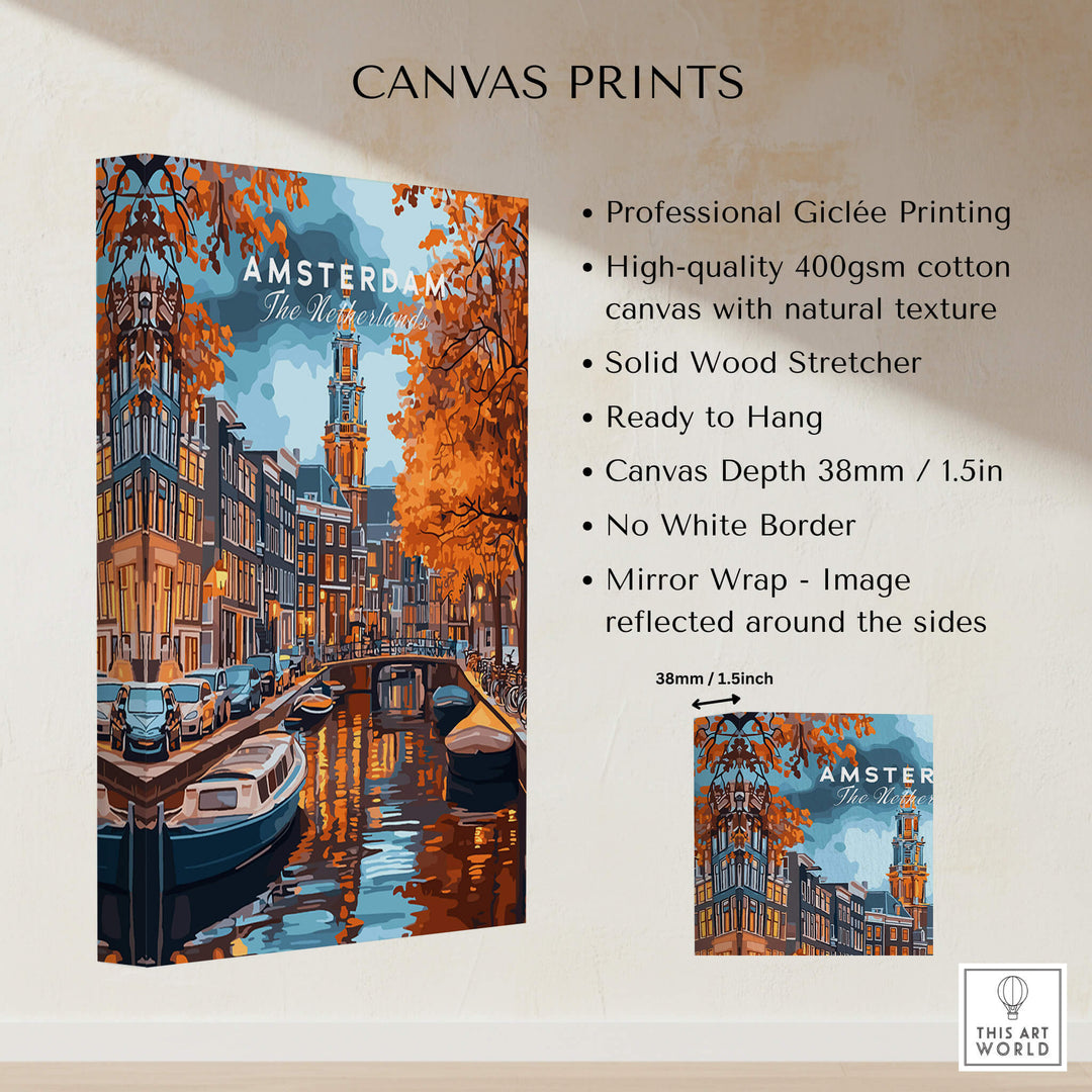 Amsterdam Canal Print - Urban Landscape Wall Decor showcasing vibrant canals and autumn trees, ready to hang.