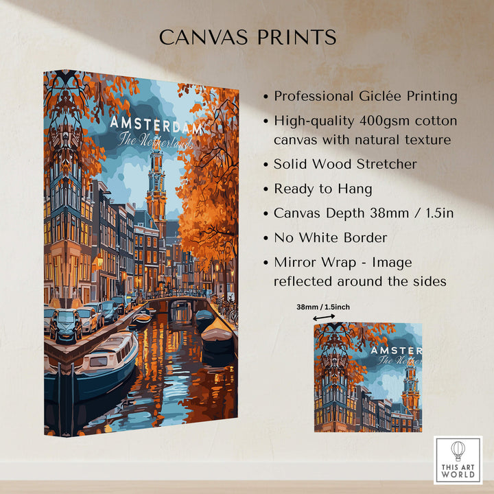Amsterdam Canal Print - Urban Landscape Wall Decor showcasing vibrant canals and autumn trees, ready to hang.