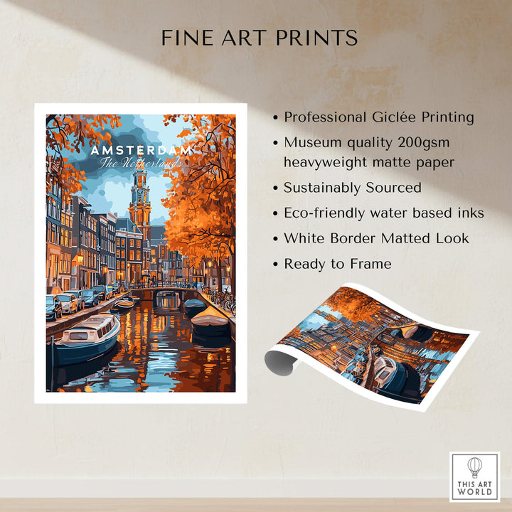 Amsterdam Canal Print - Urban Landscape Wall Decor showcasing vibrant canals and autumn foliage in a fine art print.