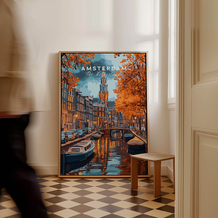 Amsterdam Canal Print - Urban Landscape Wall Decor showcasing iconic canals in vibrant colors.