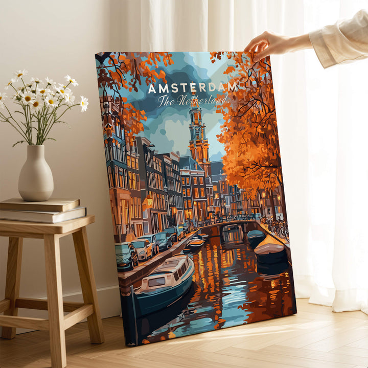 Amsterdam Canal Print - Urban Landscape Wall Decor showcasing vibrant canals and autumn foliage in Amsterdam.