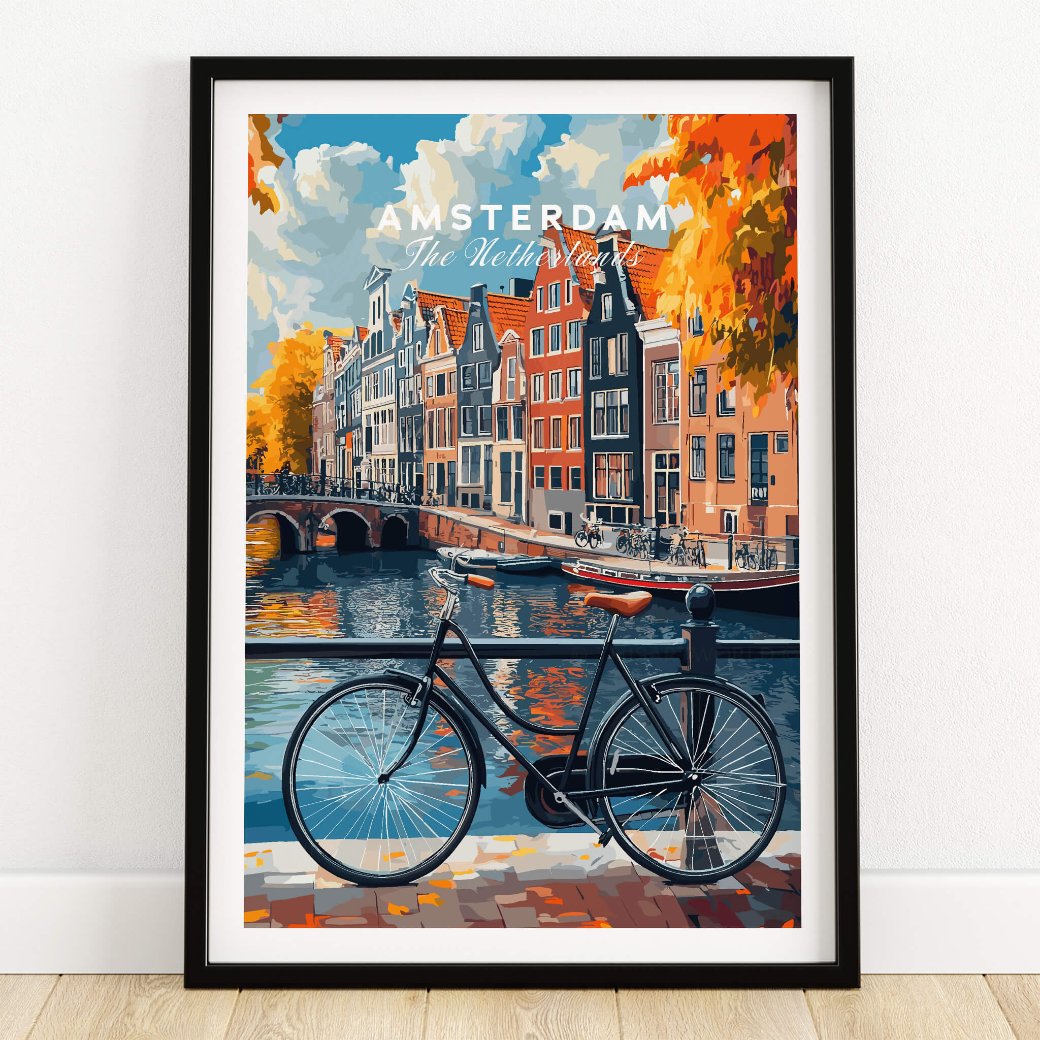 Colorful Amsterdam Canal House Poster - Classic Dutch Canal Scene Print featuring vibrant houses and a bicycle.