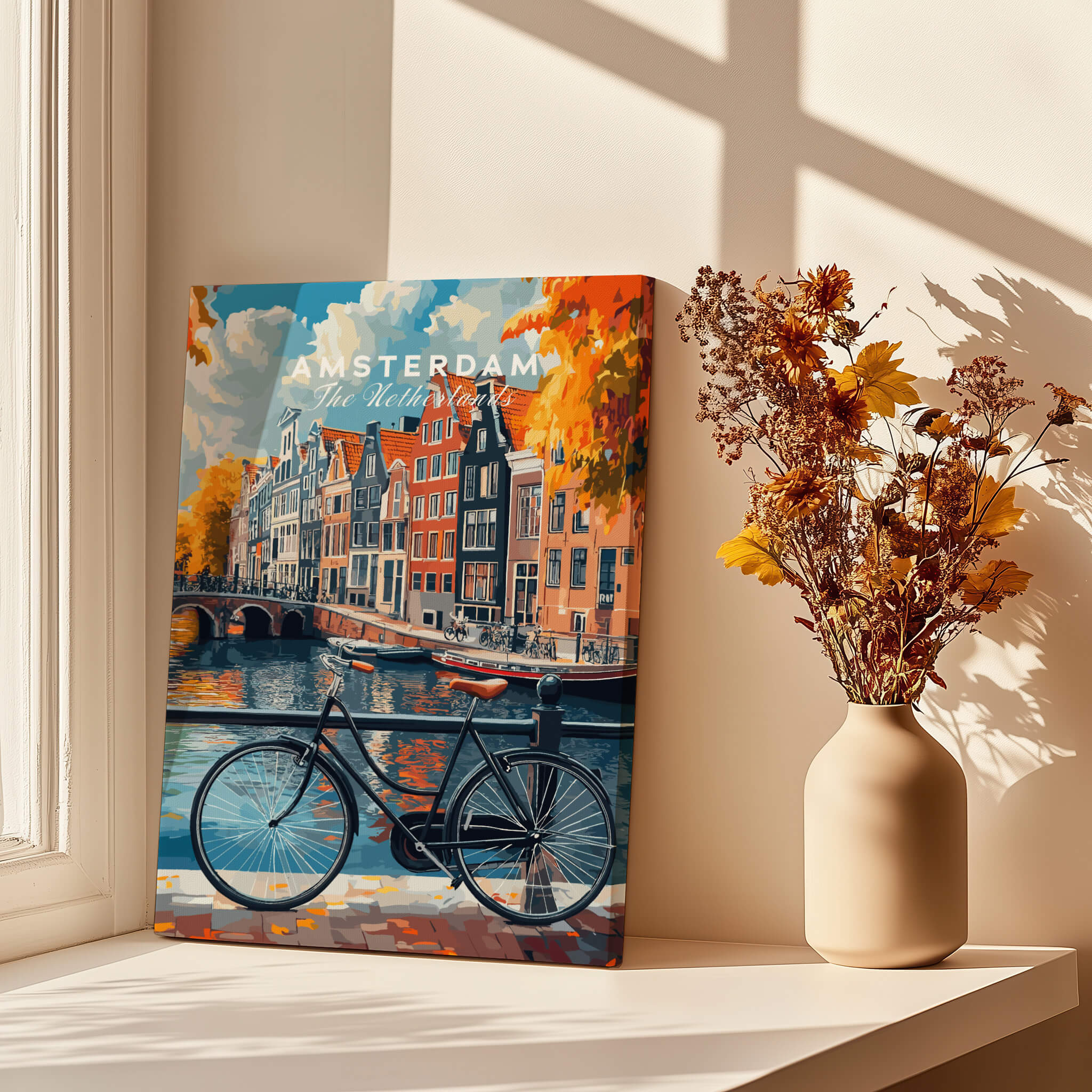 Colorful Amsterdam Canal House Poster - Classic Dutch Canal Scene Print on display with a bicycle and flowers.