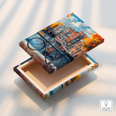Colorful Amsterdam Canal House Poster - Classic Dutch Canal Scene Print on a decorative box featuring a bicycle and canal houses.