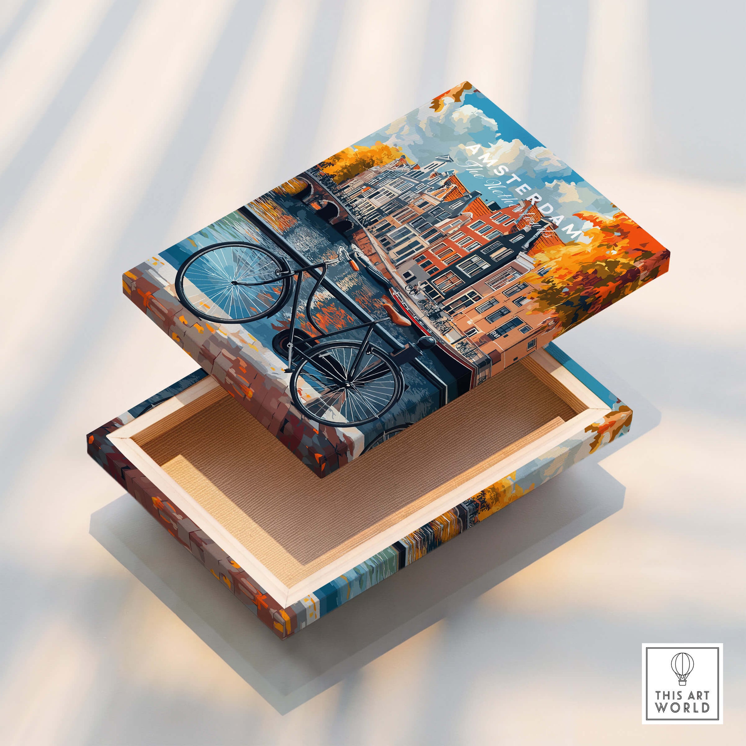 Colorful Amsterdam Canal House Poster - Classic Dutch Canal Scene Print on a decorative box featuring a bicycle and canal houses.
