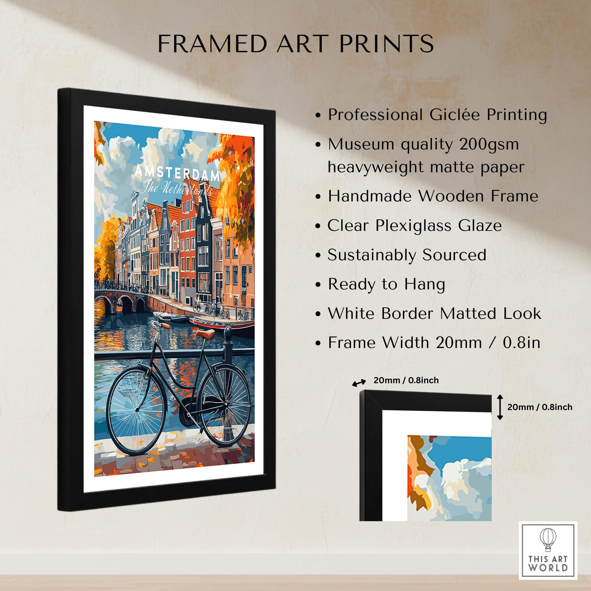 Colorful Amsterdam Canal House Poster - Classic Dutch Canal Scene Print displayed in a framed art print format.