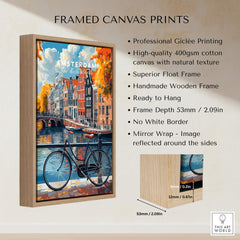 Colorful Amsterdam Canal House Poster - Classic Dutch Canal Scene Print in a wooden frame with a bicycle.