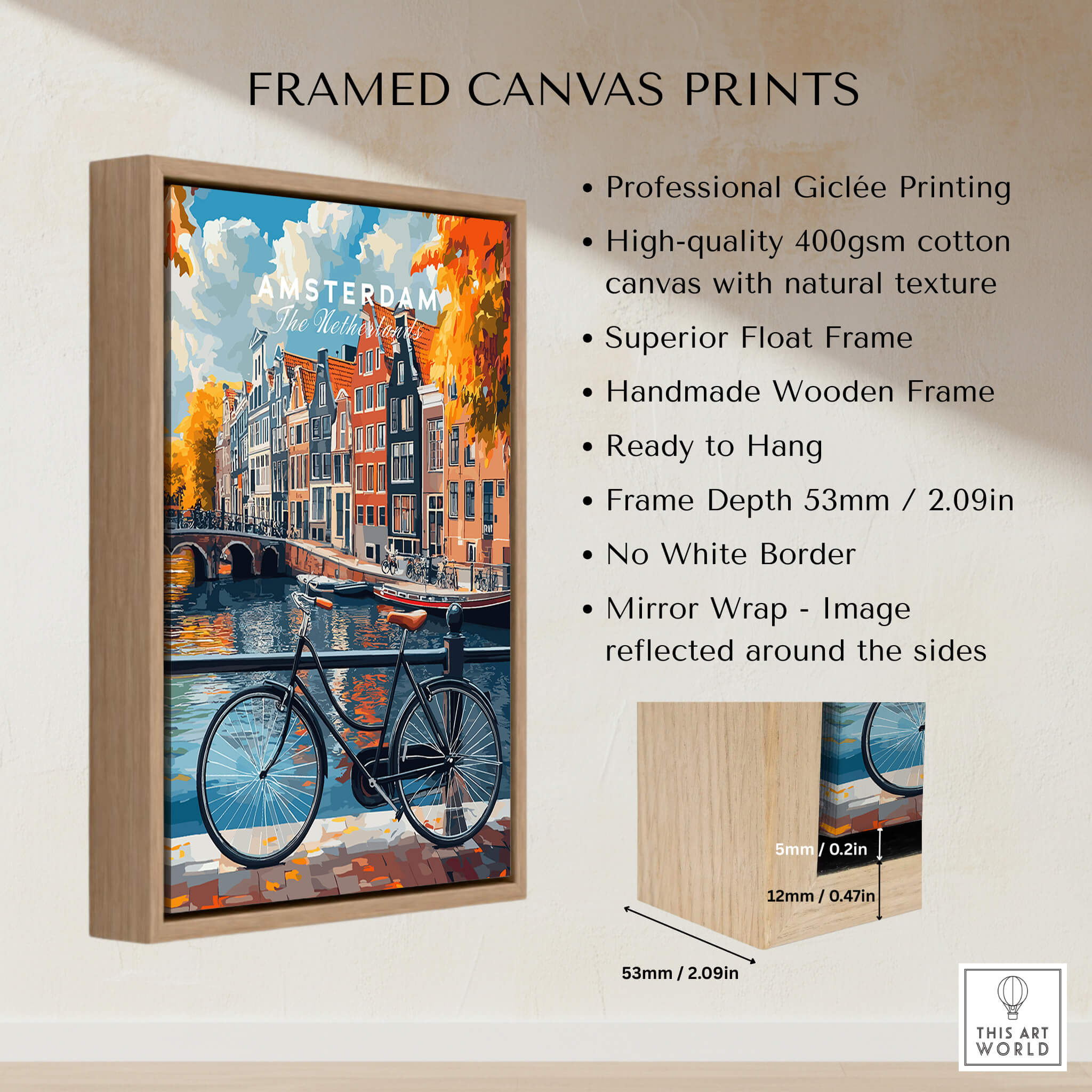 Colorful Amsterdam Canal House Poster - Classic Dutch Canal Scene Print in a wooden frame with a bicycle.