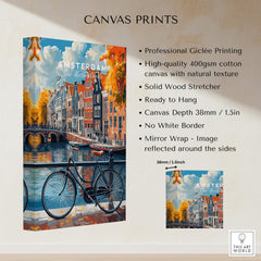 Colorful Amsterdam Canal House Poster - Classic Dutch Canal Scene Print showcasing a vibrant Amsterdam canal and bike.