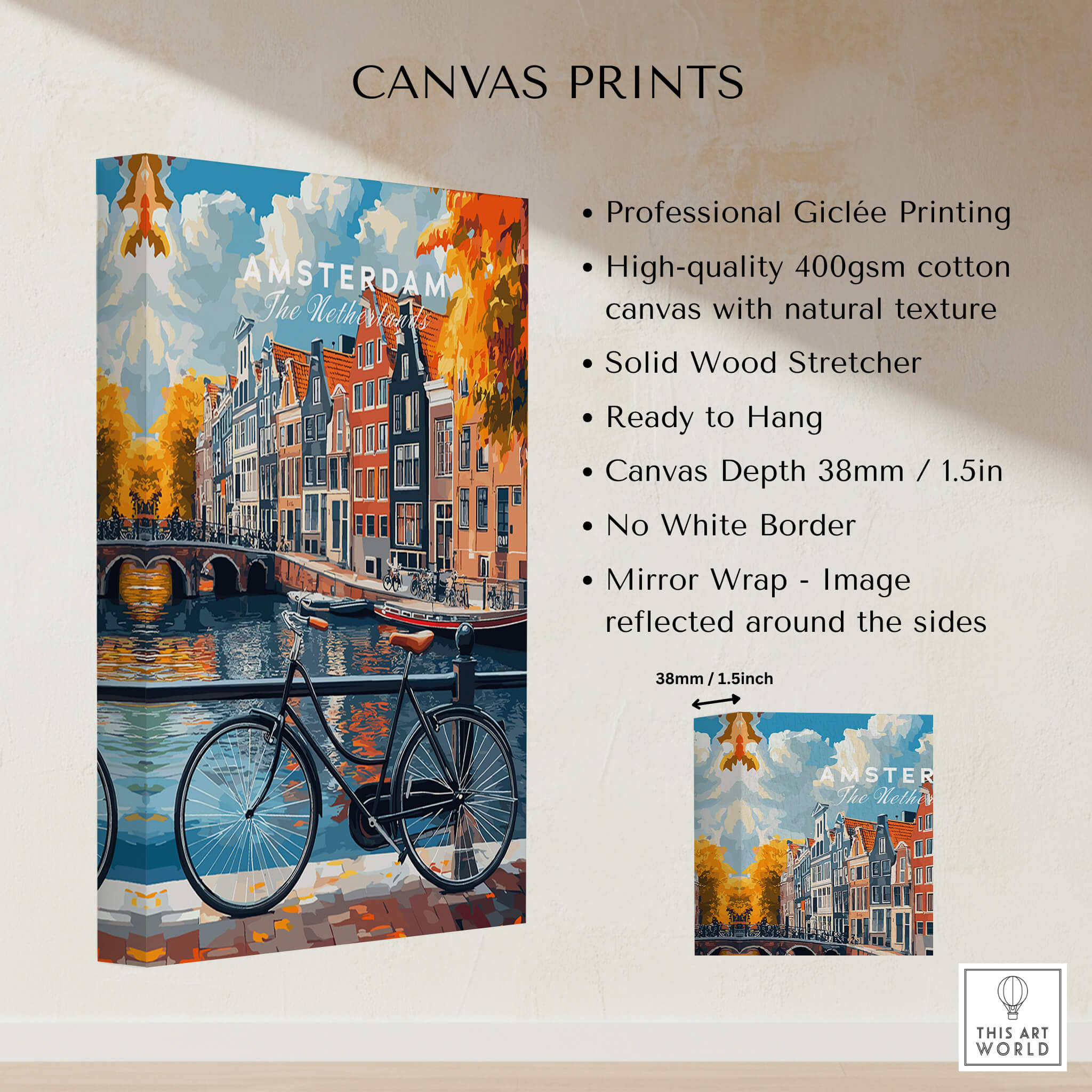 Colorful Amsterdam Canal House Poster - Classic Dutch Canal Scene Print showcasing a vibrant Amsterdam canal and bike.