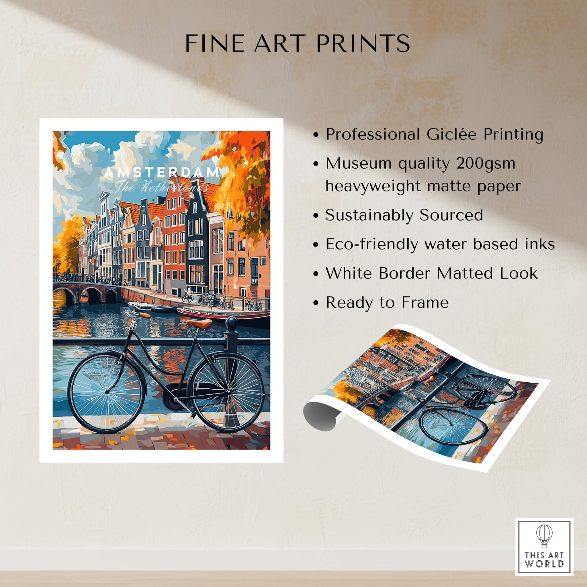 Colorful Amsterdam Canal House Poster - Classic Dutch Canal Scene Print featuring a bike and vibrant canals.