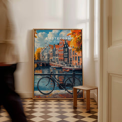 Colorful Amsterdam Canal House Poster - Classic Dutch Canal Scene Print with bike and canal view.