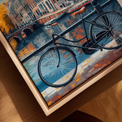 Colorful Amsterdam Canal House Poster - Classic Dutch Canal Scene Print featuring a bicycle near the canal.