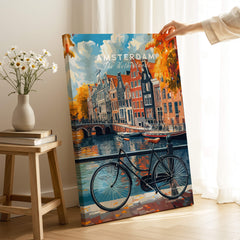 Colorful Amsterdam Canal House Poster - Classic Dutch Canal Scene Print featuring a scenic canal and bicycle.