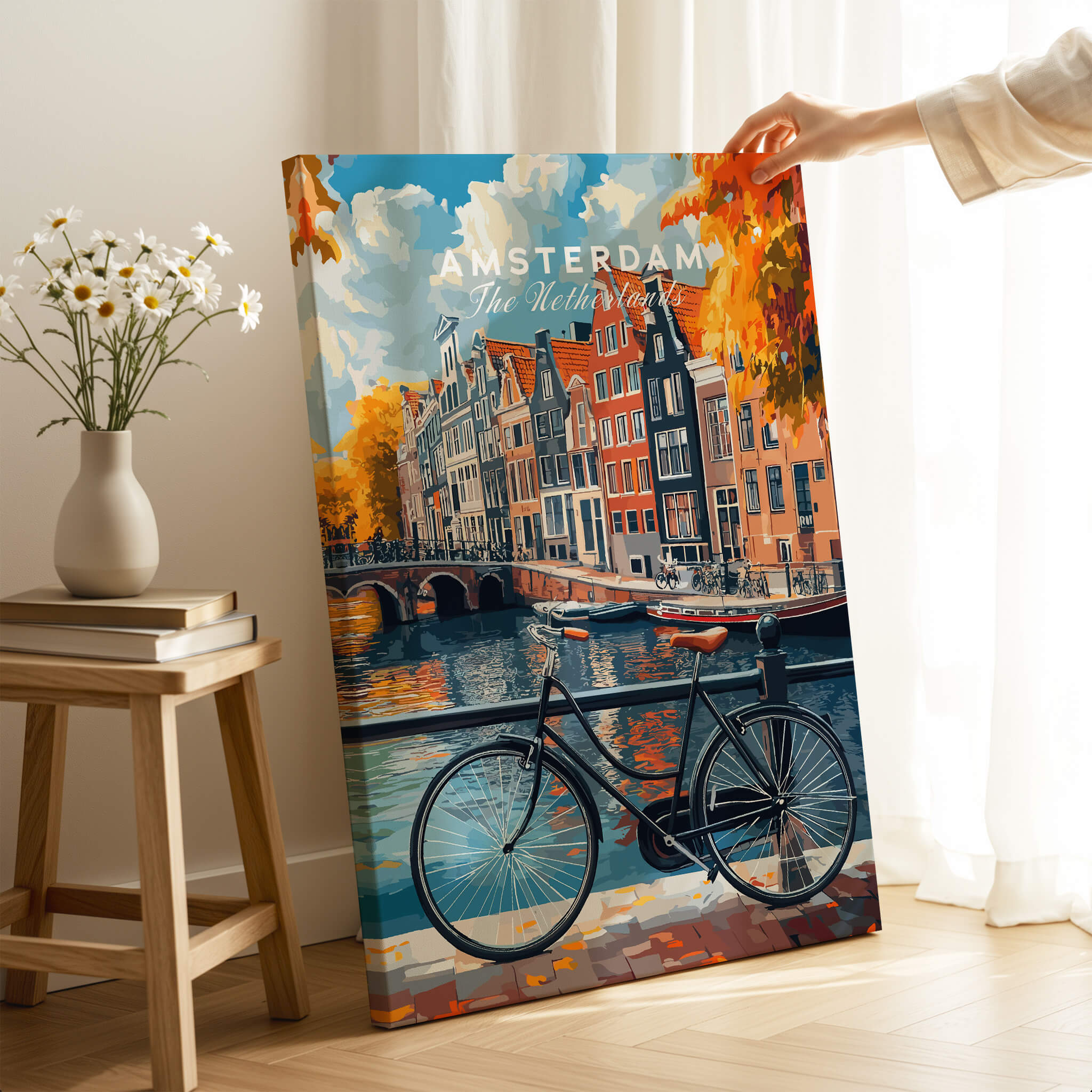 Colorful Amsterdam Canal House Poster - Classic Dutch Canal Scene Print featuring a scenic canal and bicycle.