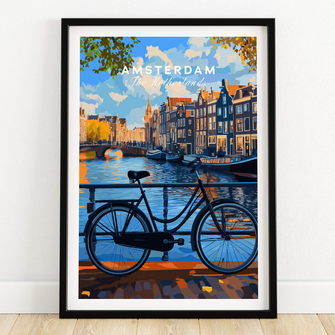 Colourful Amsterdam Architecture Poster - Iconic Canal Houses and Canals Wall Art featuring a bike by the canal.