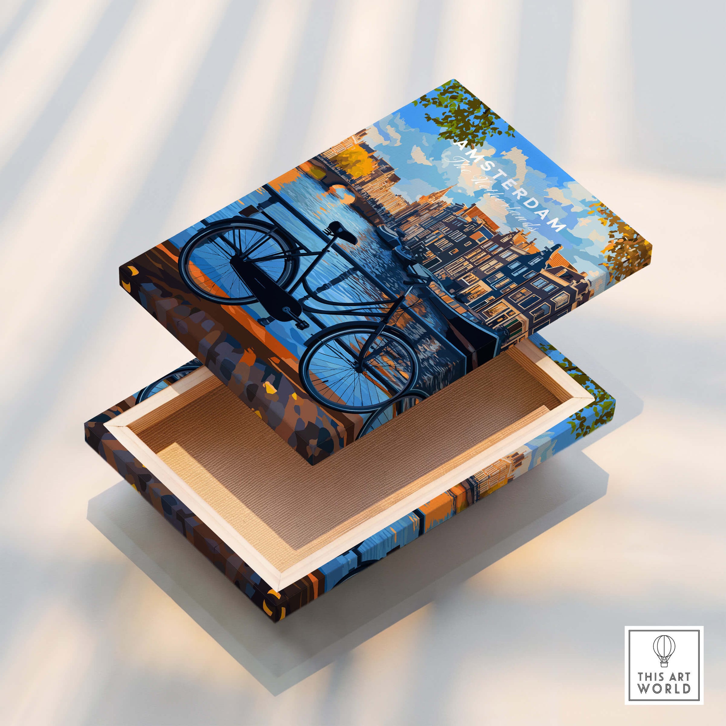 Colourful Amsterdam Architecture Poster - Iconic Canal Houses and Canals Wall Art seen on a decorative box.